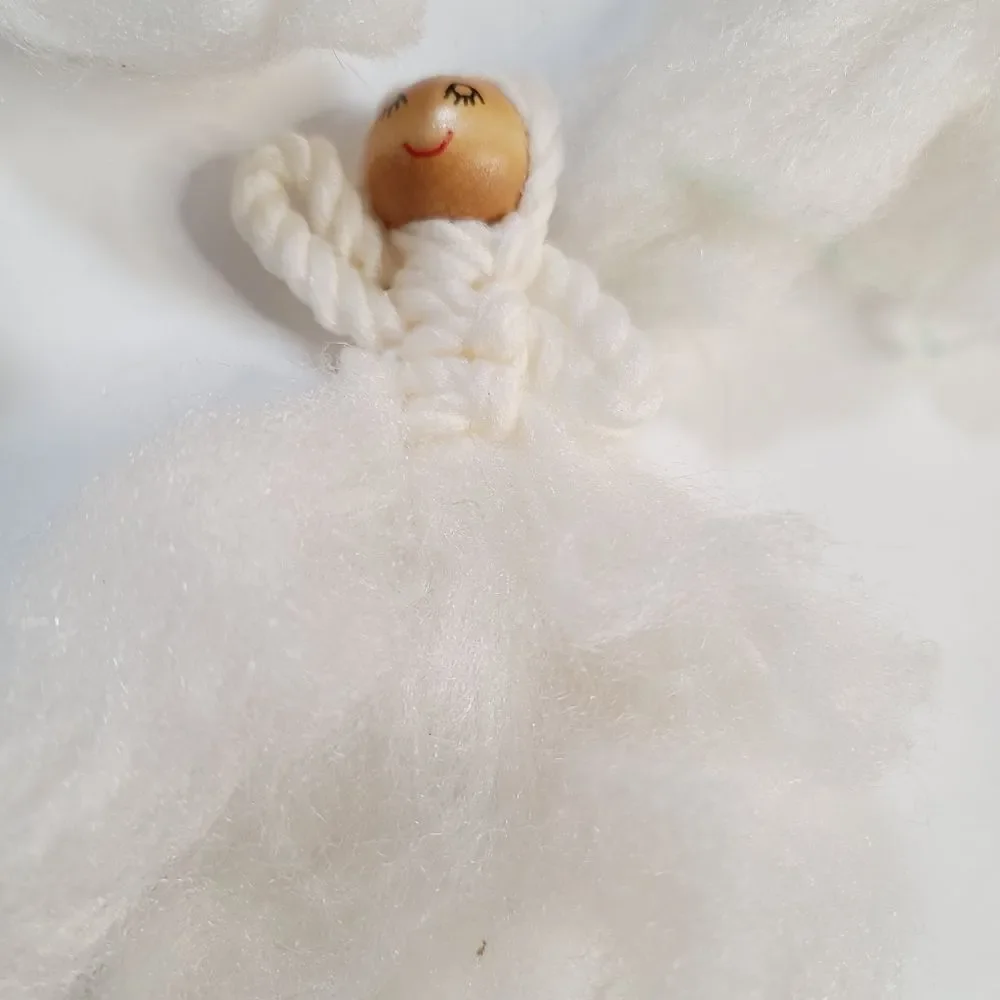 Vintage Macrame Wood Fluffy Angel Ornament Lot of 6